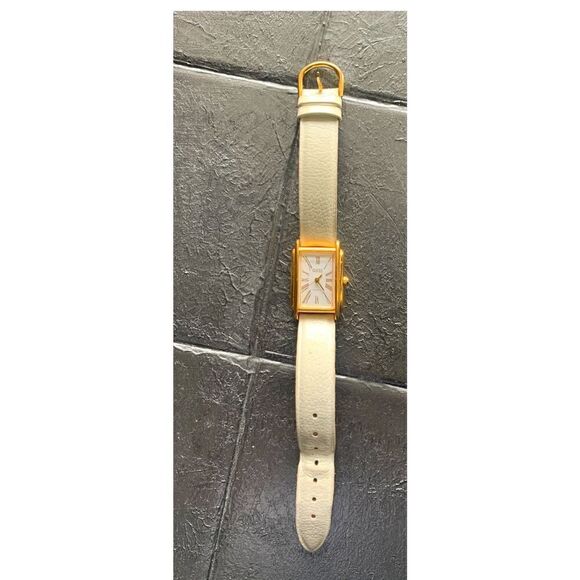 Guess Gold-Toned Rectangle dial Watch w/White Genuine Leather strap, Signed - Picture 3 of 5